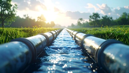 Water pipeline through the green field : A long pipeline, transporting fresh water gracefully weaves its way across a verdant green field.
