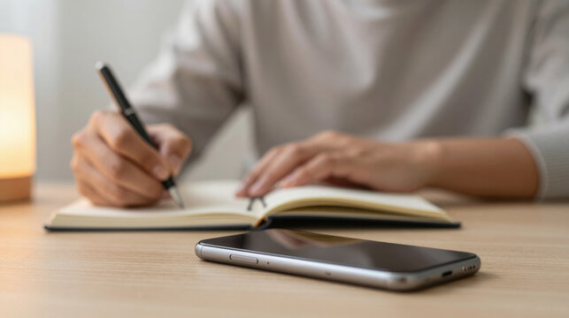 Person writing in journal digital detox notebook focus pen on desk lamp phone nearby