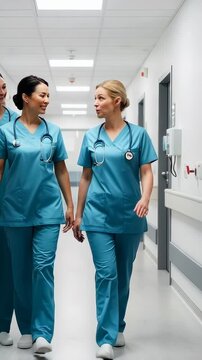 Two nurses in scrubs walking together through a hospital corridor, showcasing teamwork and camaraderie in a medical environment, capturing the essence of healthcare professions.