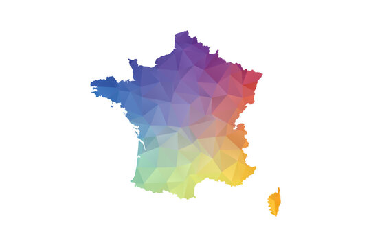 France Map - Polygon Style Vector Illustration in Rainbow Gradient, Low Poly Multicolor Geometric Design, Isolated on White Background, Suitable for Reports, and Creative Projects.