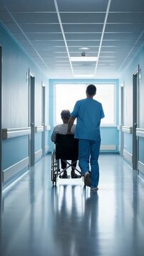 A Compassionate Caregiver Guiding a Patient in a Wheelchair Through a Serene Hospital Corridor Under Soft Lighting