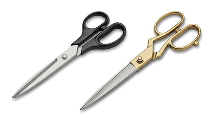 Two scissors, black and gold handles, blades slightly open, white background
