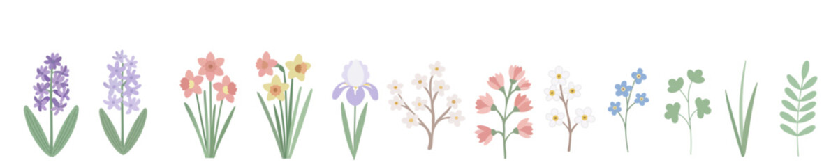 Obraz premium Collection of delicate spring flowers and green foliage in a charming flat illustration style
