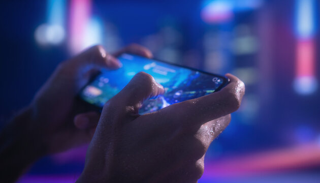 Close-up of person's hands playing a video game on a mobile device with colorful bokeh lights in background