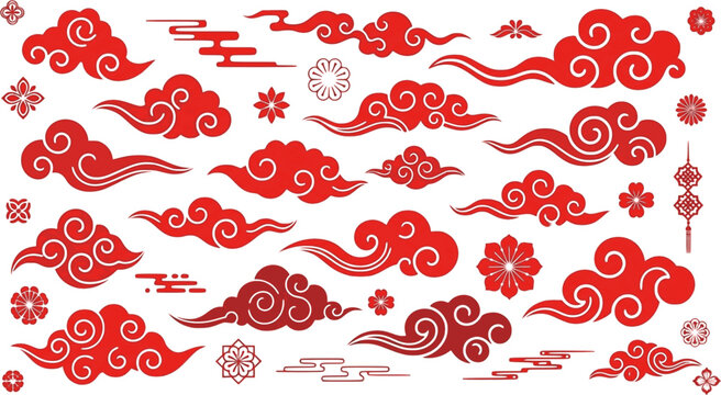 Chinese style clouds. Traditional korean clouds. Flat chinese or japanese red cloud silhouettes, decorative asian festival elements, oriental graphic decent vector set 
