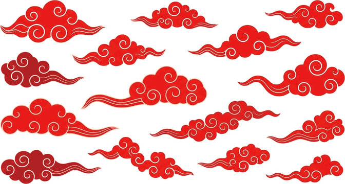 Chinese style clouds. Traditional korean clouds. Flat chinese or japanese red cloud silhouettes, decorative asian festival elements, oriental graphic decent vector set 