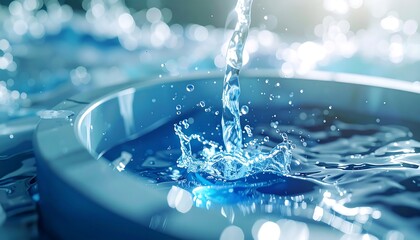 Crystal Clear Flow: Pure water streams into a basin, creating an intricate splash pattern that glistens with light. A refreshing and serene close-up capturing the essence of hydration and purity.