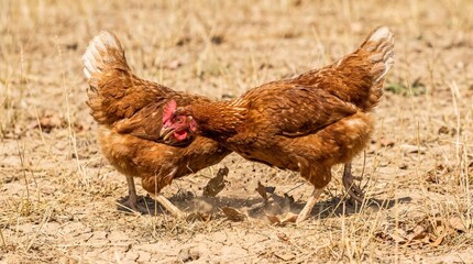 Fototapeta premium Two Brown Hens Fighting in Dry Grass Pasture