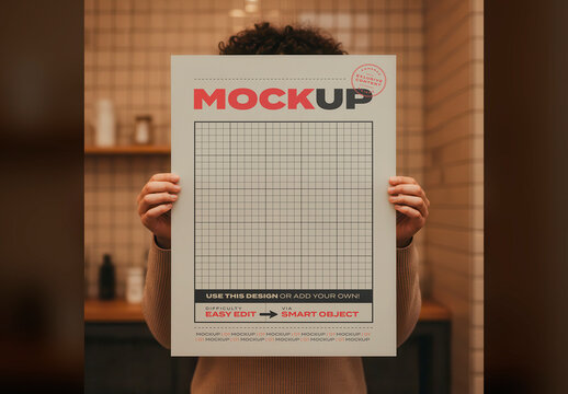 Curly Hair Woman Holding Vertical Poster Page Mockup