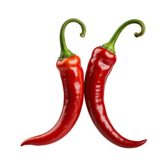 Two vibrant red chili peppers with green stems, glossy texture, isolated PNG with Transparent Background
