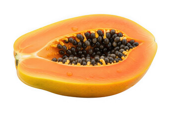 Half cut papaya fruit with black seeds isolated on transparent background