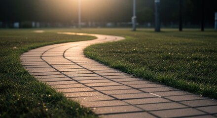 Winding stone path through green lawn, golden sunlight, blurred background