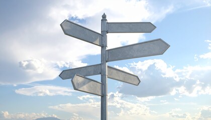 Blank signpost against a cloudy blue sky, representing choices and directions