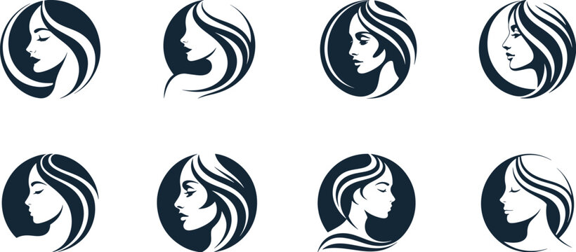 Various stylized female logo side profile with flowing hair, Luxury minimalist logo style  No text, no watermark, for logo vector format.