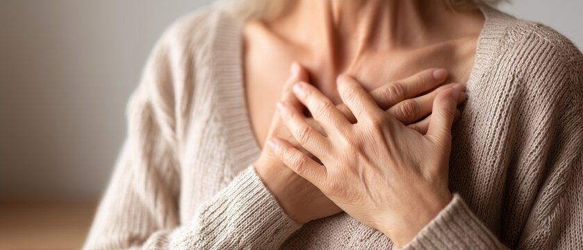Woman holding chest in pain wide banner. Heart discomfort and cardiac symptoms concept. Early signs of heart disease. Healthcare and cardiology awareness design. Prevention of cardiovascular problems.
