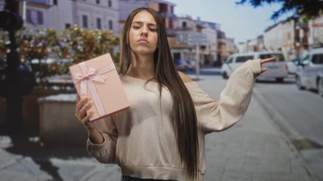 Teenage girl holding a pink gift box with ribbon and pointing finger outward on a sunny street lined with parked cars and buildings; defiance.