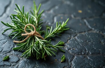 Fototapeta premium Fresh rosemary sprigs tied with twine on dark slate surface. Aromatic herb for cooking and healthy recipes. Natural ingredient for Italian cuisine and wellness.