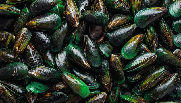 Fresh Green Mussels Shells Background, Raw Seafood Ingredient Close Up
