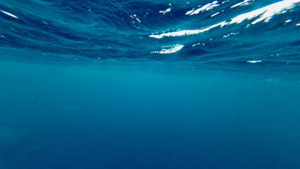 Blue water surface. Calm underwater view of blue ocean surface with sunlight reflections. Clear sea water background with gentle waves and light patterns from below.