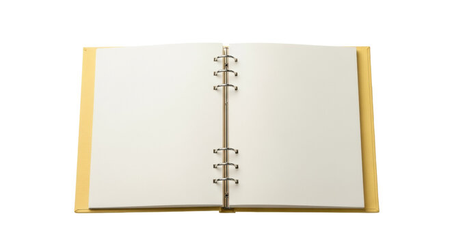 Open yellow ring binder notebook isolated PNG, blank pages for writing or drawing on transparent background, office supply mockup