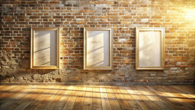 Sunlit Gallery Room with Three Empty Gilded Frames on Brick Wall