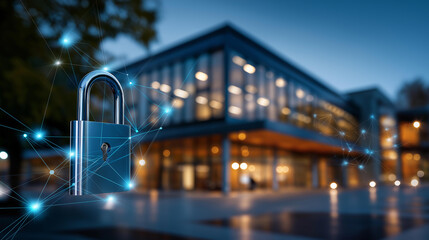 Secure campus network protection in modern building, educational facility cybersecurity, institutional data safety, academic technology infrastructure, defocused architectural background, with