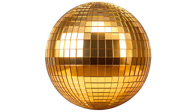 Isolated golden sphere covered in small reflective squares, reminiscent of a mirrorball