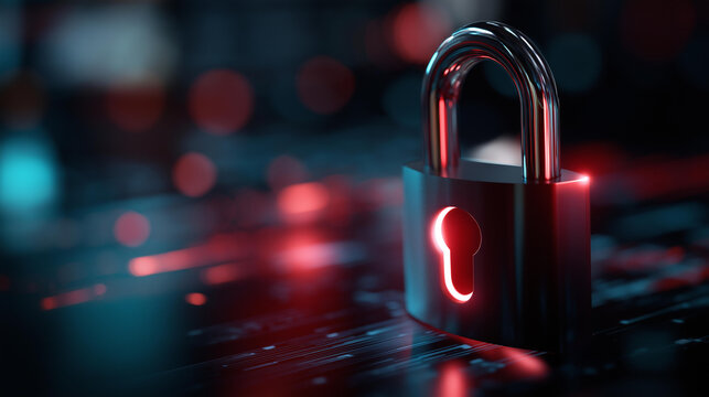 3D cyber security padlock and shield icon, glowing neon digital lock on dark binary code background, futuristic data protection encryption, internet privacy technology, defocused background,