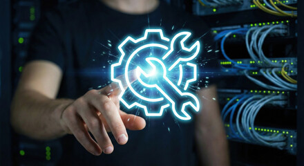 Front view of a finger interacting with a glowing gear and wrench icon
