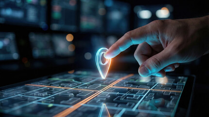 A finger touching a glowing GPS pin icon above a 3D digital neighborhood map