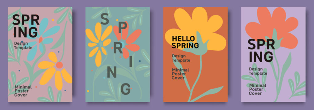 Set of colorful spring greeting cards with floral illustrations and modern typography in pastel backgrounds