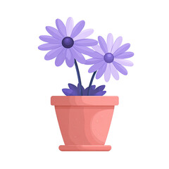 Fototapeta premium A cartoon-style illustration features two light purple flowers in a terra cotta pot