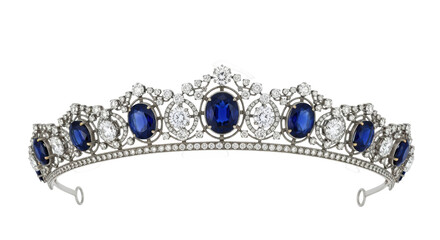 Elegant sapphire and diamond tiara isolated PNG on transparent background, royal jewelry headpiece for wedding or formal occasion © GODSTOX