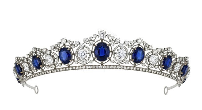 Elegant sapphire and diamond tiara isolated PNG on transparent background, royal jewelry headpiece for wedding or formal occasion
