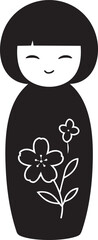 Black silhouette traditional Japanese Kokeshi doll vector illustration, minimal folk art toy icon isolated on white background