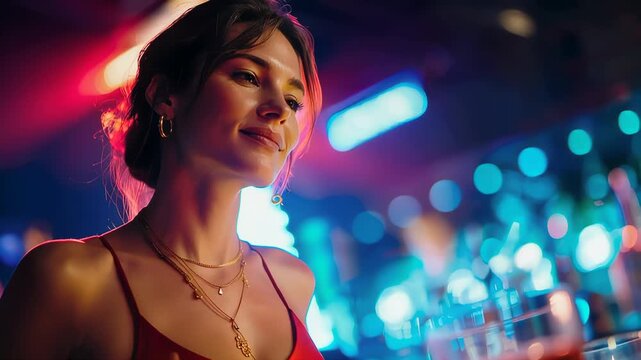 Moody portrait of a female bartender in a neon-lit nightclub bar with colorful bokeh lights in the background