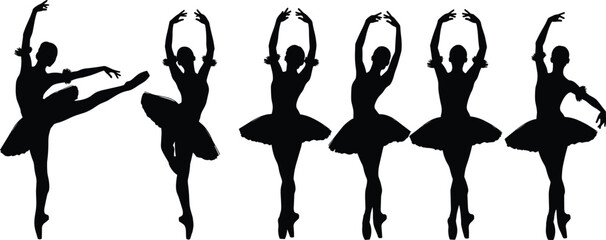 Set of ballerina silhouette dancers performing classical ballet poses showing elegant female dance movements isolated on white background for art, culture, and design projects © MstRabiya