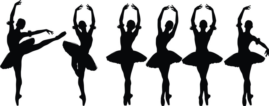 Set of ballerina silhouette dancers performing classical ballet poses showing elegant female dance movements isolated on white background for art, culture, and design projects