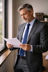 Fototapeta premium Businessman reading important document near office window