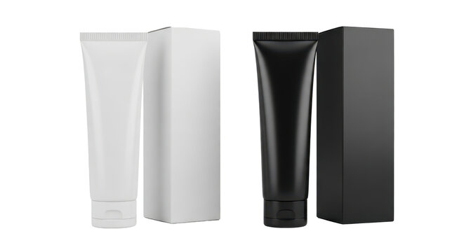 White and black cosmetic cream tubes with blank boxes for product packaging mockup. Isolated on transparent background, png