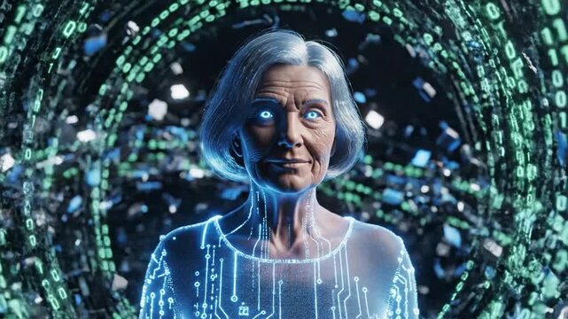 Elderly woman with digital circuit patterns on body surrounded by swirling binary code tunnel circuit board.