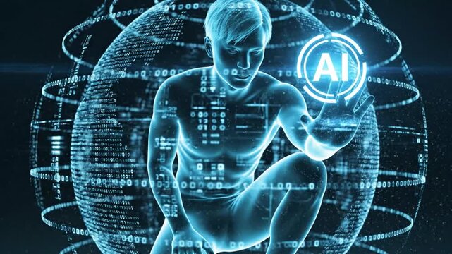 Futuristic translucent man interacting with glowing AI digital sphere and binary code data streams artificial intelligence.