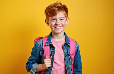 Smiling redhead boy wears denim jacket and pink shirt. He carries a bright pink backpack. Kid has freckles and happy cheerful expression on yellow background.