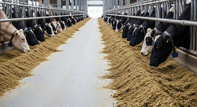 Dairy cows eating feed in modern barn with clean environment  