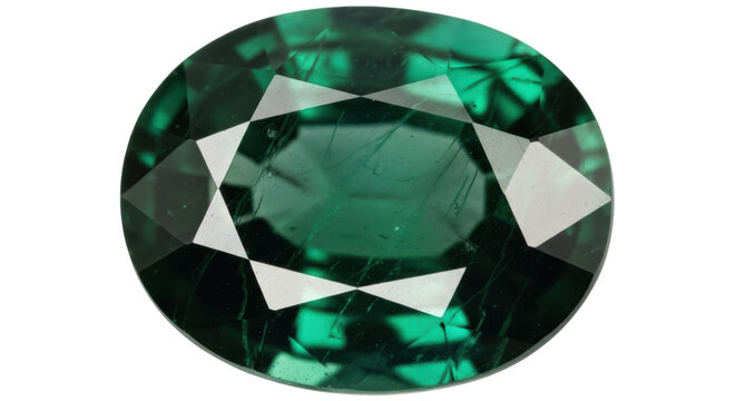 Oval-cut green tourmaline isolated PNG on transparent background, faceted gemstone with inclusions for jewelry design and gemology