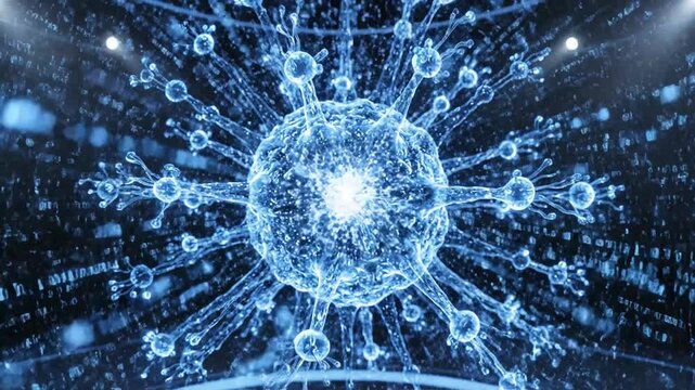 Microscopic view of a glowing blue virus particle with radiating spikes against a digital background.