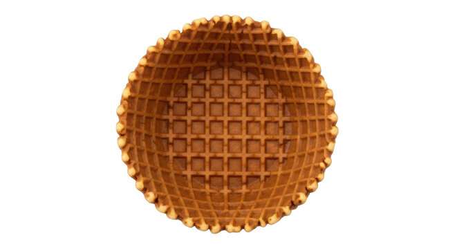 Waffle bowl isolated PNG on transparent background, crispy baked edible container for ice cream and dessert presentation