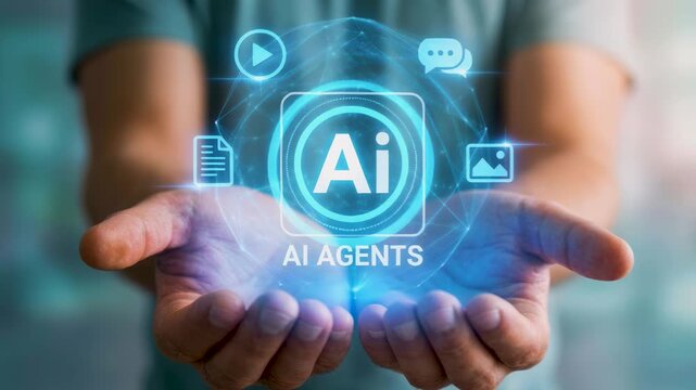 Man holding digital AI agent object performing artificial intelligence automation action for smart content generation and data processing using advanced technology.