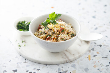 Savory oatmeal porridge with tomatoes and cheese