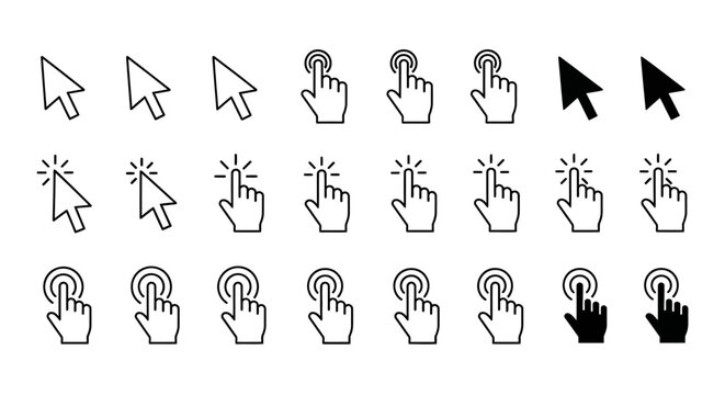 Collection of various computer mouse cursor icons in different states and actions displayed on a clean interface.